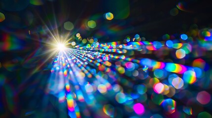 Blue light flare prism rainbow flares overlay effect on black background light crossing crystals prismatic sun catcher reflections rays Abstract blurred colourful lens flare bokeh on d : Generative AI