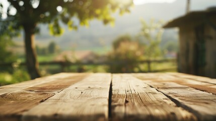 Aufkleber - Wooden table with blurred farm background on harvesting season Flawless : Generative AI