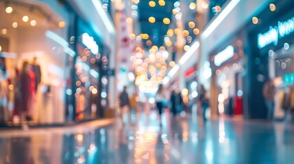 Aufkleber - Blurred background with bokeh light in luxury fashion shopping mall with shop window and display modern model  from stores with women and men customer walking in walkway hallway in dep : Generative AI
