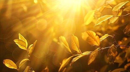 Leinwandbilder - Beautiful blurred autumn background with yellowgold leaves in the rays of sunlight on a dark natural background : Generative AI