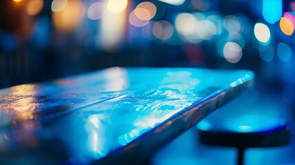 Aufkleber - Selective focus on the table board of a restaurant nightclub modern design background in neon blue light : Generative AI
