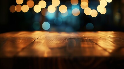 Aufkleber - background Image of wooden table in front of abstract blurred restaurant lights : Generative AI