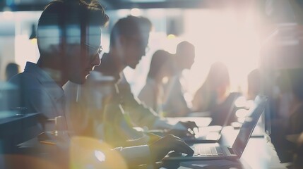 Poster - Work process of busy corporate team of business people working at startup marketing company planning email on laptop and sitting at desk in office Blur of employees workers and busines : Generative AI