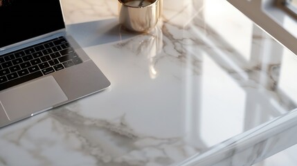 Aufkleber - Office workplace with laptop and copy space on marble table : Generative AI