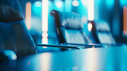 Aufkleber - Modern blue business room with table and chair as background Abstract blur and defocus effect background : Generative AI