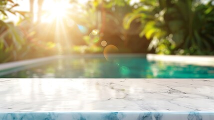 Poster - Empty white marble stone table top and blurred swimming pool in tropical resort in summer banner background  can used for display or montage your products : Generative AI