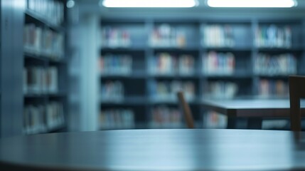 Leinwandbilder - library with table desk and bookshelf abstract blur defocused background : Generative AI