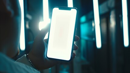 Leinwandbilder - Closeup of a businessman hand holding a smartphone white screen is blank the background is blurredMockup : Generative AI