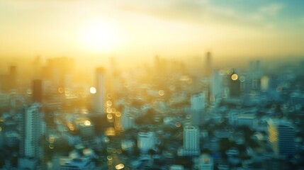 Poster - Background of cityscape concept Blur aerial view building big city on amazing golden warm light at sunrise Bangkok Thailand Asia : Generative AI