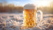Chilled beer in a glass or mug with wheat field background and wallpaper	