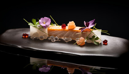Wall Mural - Michelin starred salmon steak with premium topping and decoration at five-star restaurant, food photography