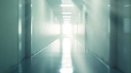 Poster - Bright empty defocused hospital corridor background with copy space : Generative AI