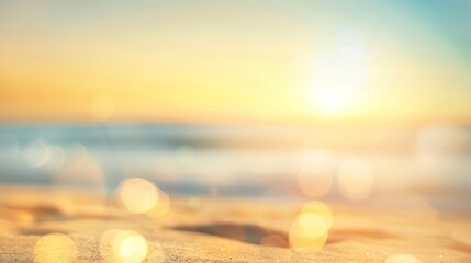 Aufkleber - Summer holiday concept concept Abstract blur beach with yellow and blue sky sunrise background : Generative AI