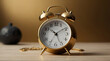 A great alarm clock in golden color. Minimalist design, background.generative.ai