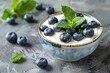 A bowl of creamy yogurt topped with fresh blueberries and mint