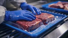 A Food Safety Inspector Wearing Blue Gloves Examines Vacuum-packed Beef Steaks On A Blue Tray In A Sanitary Inspection Environment.