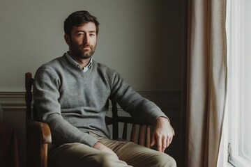 Confident handsome man sitting on chair looking at camera.