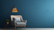 Chair with lamp in living room interior, dark blue wall mock up background, 3D render