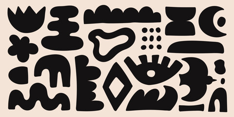 Poster - Abstract organic shapes with black geometric cutting doodles. Trendy random figures isolated on a beige background. Vector illustration	