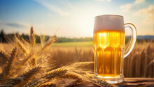 Chilled Beer In A Glass Or Mug With Wheat Field Background And Wallpaper 
