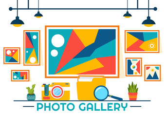 Wall Mural - Photo Gallery Vector Illustration for Museum Visitors View Exhibition of Modern Abstract Paintings and Picture in Contemporary in Flat Background