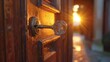 Key with wooden home token inserted in door, concept of new beginnings in property