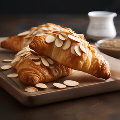 Wall Mural - Famous French croissant with yummy look and toppings and fillings, puff pastry food photography 