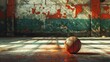 Solitary basketball awaits the next play on a worn indoor court with rich patina