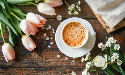 Poster - Top view of a cup of coffee and flowers on a wooden table.Generative AI