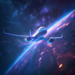 Wall Mural - An airplane flying in the right direction in the outer space in hologram.
