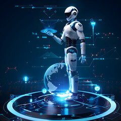 Wall Mural - An artificial intelligence standing on the globe and using mobile App.