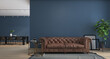 Dark blue wall with brown luxury leather sofa, interior design of modern apartment, home office decoration,  a trend colour year 2023 in the luxury living lounge, blue background decor, 3D rendering