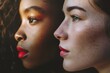 Portrait of two young women with red lips. Close up.