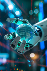Wall Mural - Robot touching a computer screen with the icons shown on it, in the style of intertwined networks.