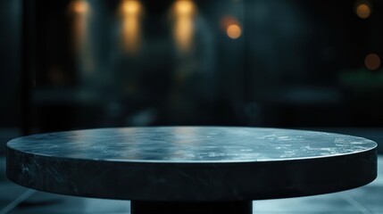 Wall Mural - Empty black round marble table in front of blurry lights. 3D Rendering