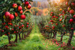 Apple orchard pathway leads the eye through rows of fruitful abundance. Generated AI.