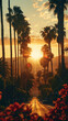 Dazzling sunset boulevard with silhouetted palm trees and fiery sky. Generated AI.