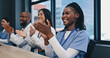 © LuxeShutter/peopleimages.com - Teamwork, applause with nurses and doctors meeting with diversity, congratulations and support in onboarding. Medical achievement, men and nurses in office clapping hands at hospital and healthcare