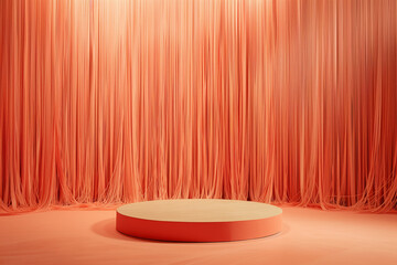 round peach plinth stage surrounded by hanging streamers plain studio backdrop