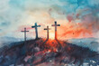 A watercolour painting of crosses on Mount Calvary, depicting the somber and sacred atmosphere of Good Friday and the crucifixion.