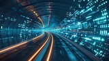 Fototapeta Do przedpokoju - Futuristic 3D architectural tunnel with empty highway and glowing digital elements