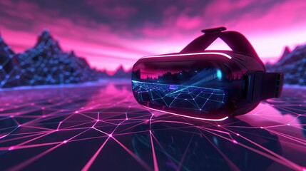 Wall Mural - Futuristic VR headset with abstract digital landscape, metaverse and virtual reality concept