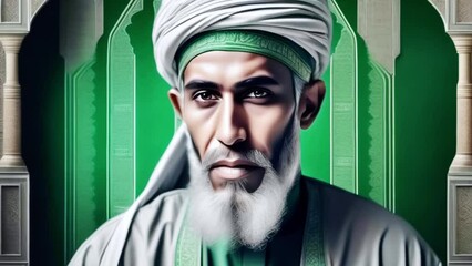 Sticker - Muslim prophet in green turban in front of mosque, mullah, clergyman, Generative AI,