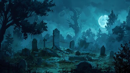 Wall Mural - spooky graveyard in death forest at halloween night, eerie atmosphere, digital illustration