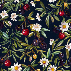 Wall Mural - A dark canvas graced by white floral patterns and interspersed with red and yellow cherries, evoking nature’s serene beauty