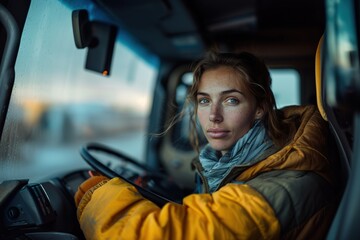 Wall Mural - Professional female truck driver behind steering wheel.