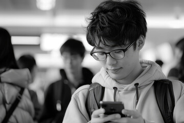 Wall Mural - A young man is looking at his cell phone while standing in a crowded area