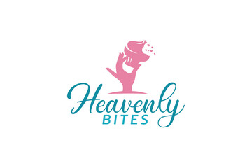 Wall Mural - heavenly bites logo with a combination of a woman's hand holding a bitten cupcake and beautiful lettering for cafes, restaurants, bakery shops, etc.