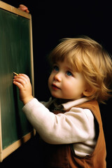 Wall Mural - A young child is drawing on a green chalkboard