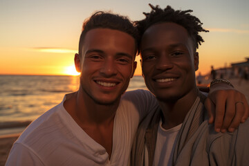 Wall Mural - Two men are smiling and posing for a picture on a beach